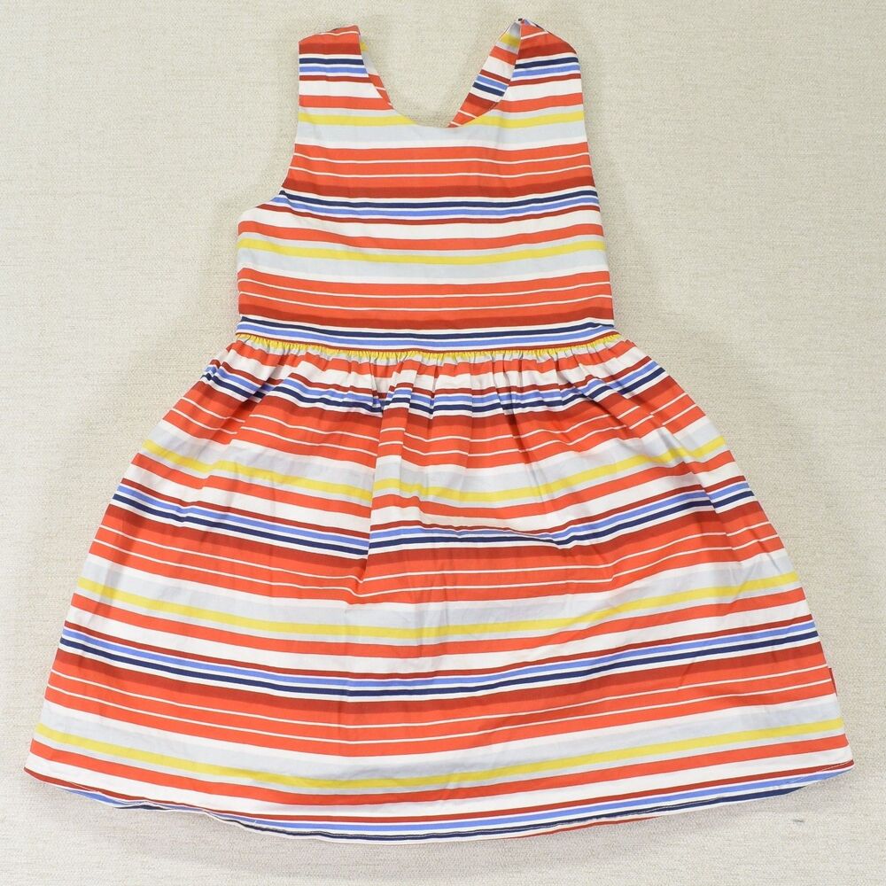Tutto Piccolo Girls 6 Coral Blue Yellow Striped Cotton Sundress Bow Back Dress